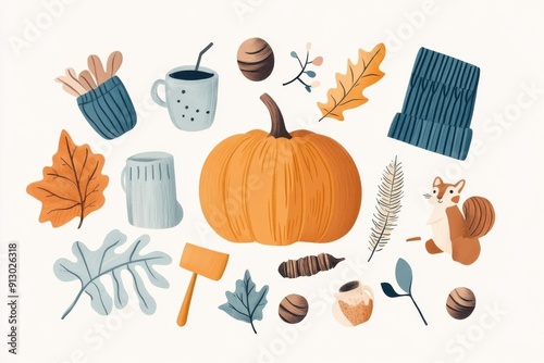 A pumpkin with leaves representing Autumn, surrounded by acorns, a squirrel, a cozy sweater, a warm drink, and a rake.