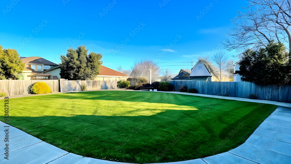 Fototapeta premium nice open empty backyard with green grass blue sky no trees 