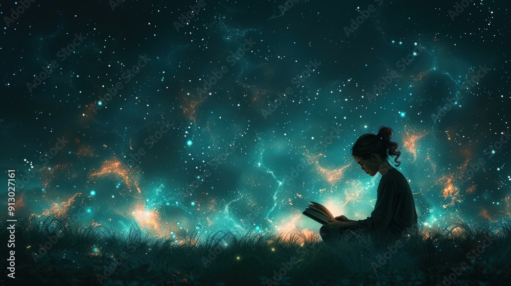 A silhouette of a girl sitting and reading under a breathtaking starry sky. A silhouette of a girl sitting and reading under a breathtaking starry sky.
