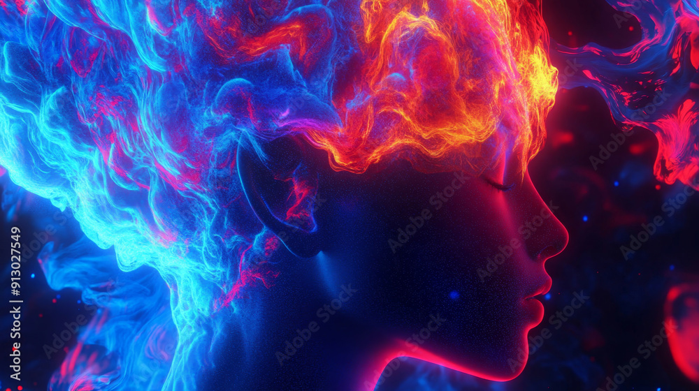 Woman with closed eyes surrounded by vibrant energy in a surreal dreamscape Woman with closed eyes surrounded by vibrant energy in a surreal dreamscape