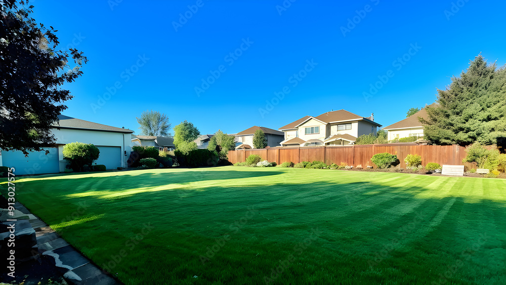 nice open empty backyard with green grass blue sky no trees nice open empty backyard with green grass blue sky no trees