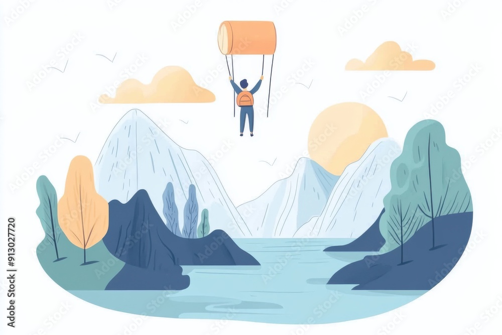 Doodle of a bungee jumping scene with a scenic river below, simple illustration, cute design, centered composition, pastel colors, white background. Doodle of a bungee jumping scene with a scenic river below, simple illustration, cute design, centered composition, pastel colors, white background.