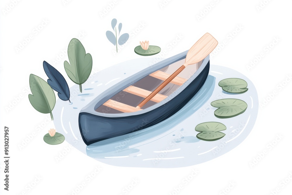 Doodle of a canoe with a paddle resting on the water, surrounded by lily pads, simple illustration, cute design, centered composition, pastel colors, white background. Doodle of a canoe with a paddle resting on the water, surrounded by lily pads, simple illustration, cute design, centered composition, pastel colors, white background.