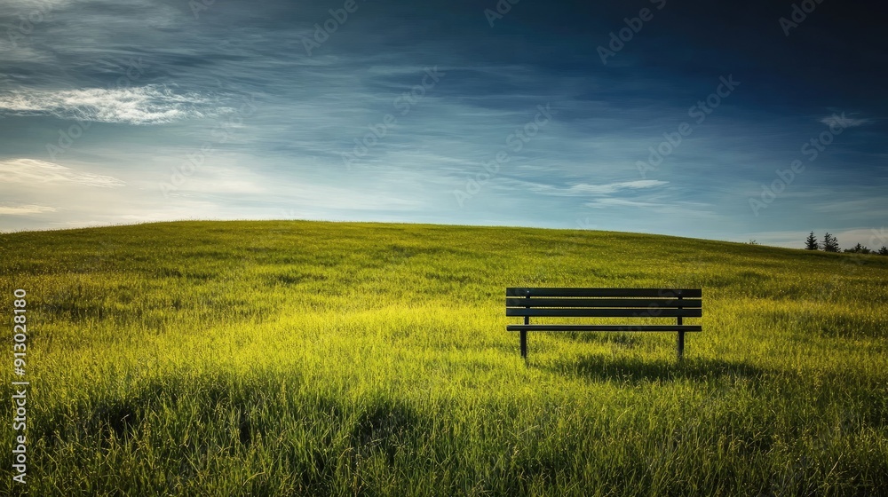 Serene grassy field with a lone bench, offering a spot for rest and solitude. Serene grassy field with a lone bench, offering a spot for rest and solitude.