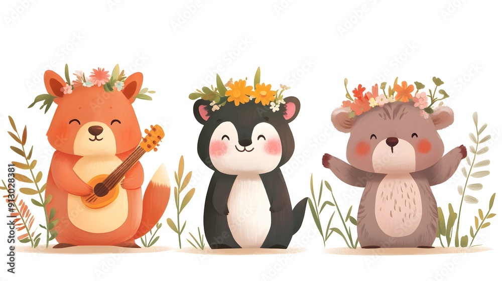Naklejka premium Cartoon animals enjoying a spring festival with flower crowns music and dancing