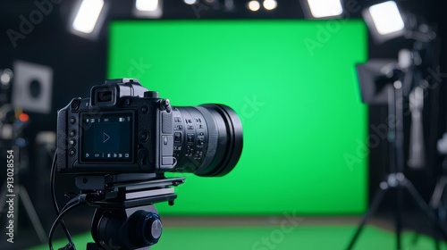 Neon-lit production studio featuring a professional video camera, green screen backdrop, and state-of-the-art equipment