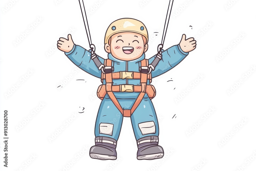 Obraz premium Doodle of a person and a safety harness attached to a bungee cord, simple illustration, cute design, centered composition, pastel colors, white background