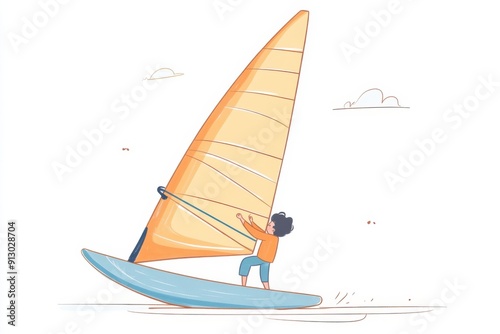 Doodle of a person adjusting the sail on their windsurfing board, simple illustration, cute design, centered composition, pastel colors, white background.