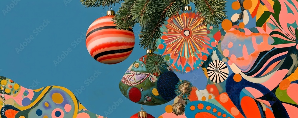 Fototapeta premium Vibrant Christmas Tree Branches with Colorful Ornaments and Decorations on a Retro Vibrant Background in 60s Design Style. Creating a Festive and Cheerful Holiday Scene Banner. 