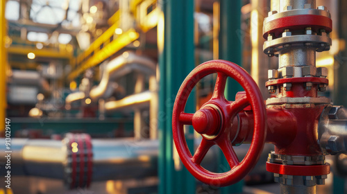 Wallpaper Mural Red industrial valve controlling the flow of liquid or gas in a large metal pipeline at a refinery or other industrial facility Torontodigital.ca