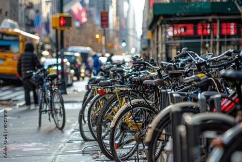 A row of bike racks in a busy urban area, bike theft in the city