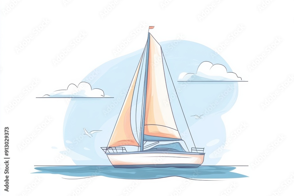 Doodle of a sailboat drifting under a clear blue sky, simple illustration, cute design, centered composition, pastel colors, white background Doodle of a sailboat drifting under a clear blue sky, simple illustration, cute design, centered composition, pastel colors, white background