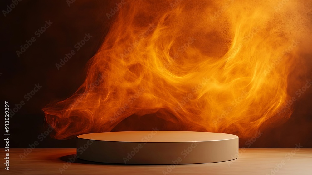 Fototapeta premium A circular platform emits vibrant flames, creating a dramatic and fiery atmosphere suitable for product showcases or artistic displays.