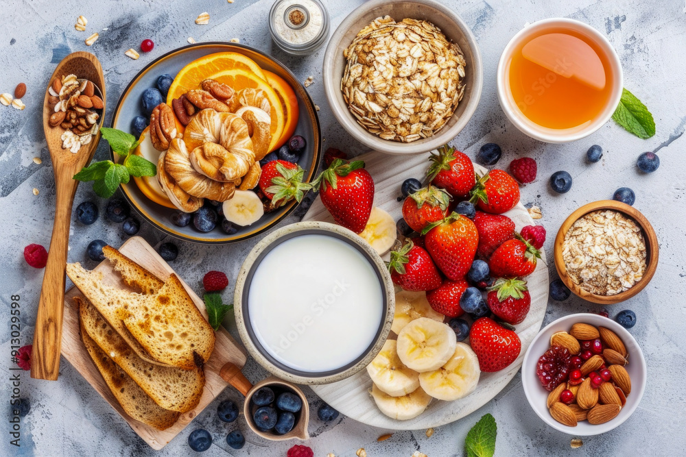 A plate of food with a variety of fruits and grains, including bananas A plate of food with a variety of fruits and grains, including bananas