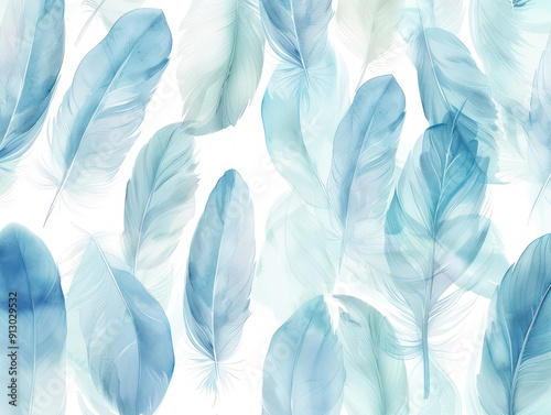 An abstract watercolor painting featuring soft, blue feathers on a white background.