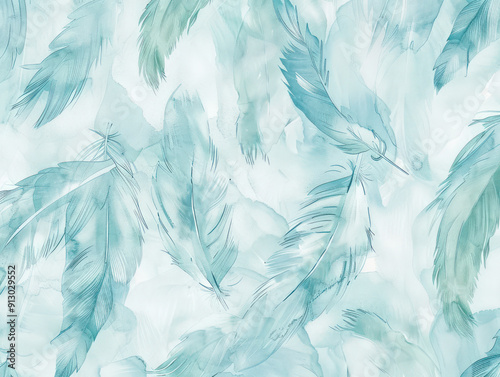 An abstract watercolor painting featuring soft, blue feathers on a white background.
