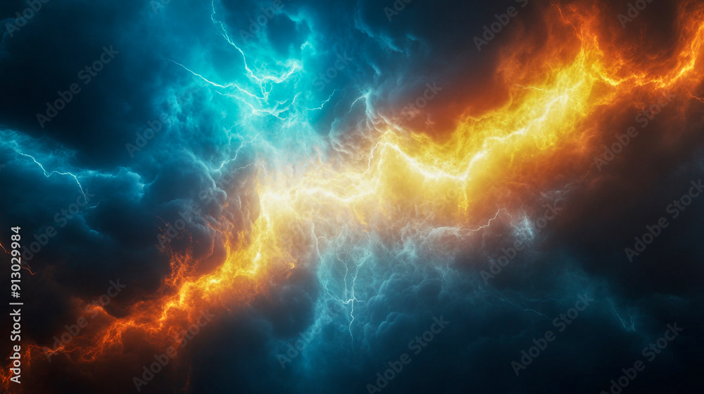 Dramatic sky showcases mesmerizing clash of fiery lightning and icy bolts, displaying power and energy Dramatic sky showcases mesmerizing clash of fiery lightning and icy bolts, displaying power and energy