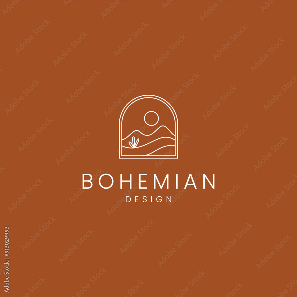 desert with moon in frame in bohemian line art logo design style desert with moon in frame in bohemian line art logo design style