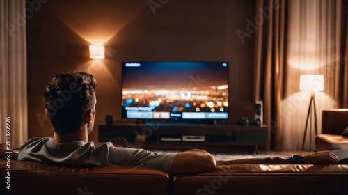 Man Sitting on Couch Watching TV