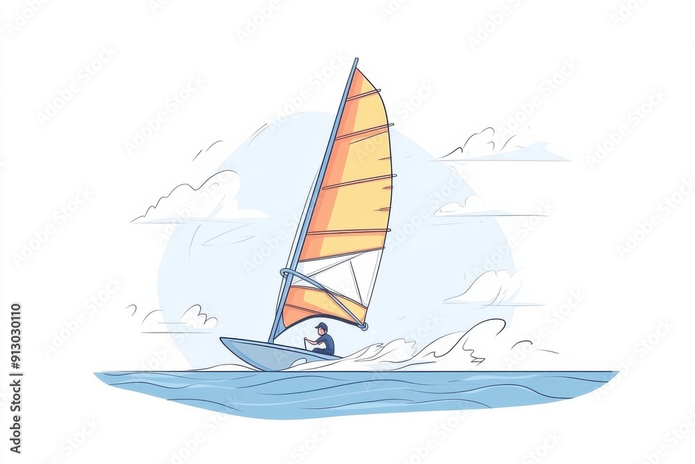 Fototapeta premium Doodle of a windsurfing scene with a bright sail and gentle waves, simple illustration, cute design, centered composition, pastel colors, white background.
