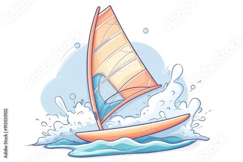 Doodle of a windsurfing board with a large sail and waves splashing around, simple illustration, cute design, centered composition, pastel colors, white background. photo