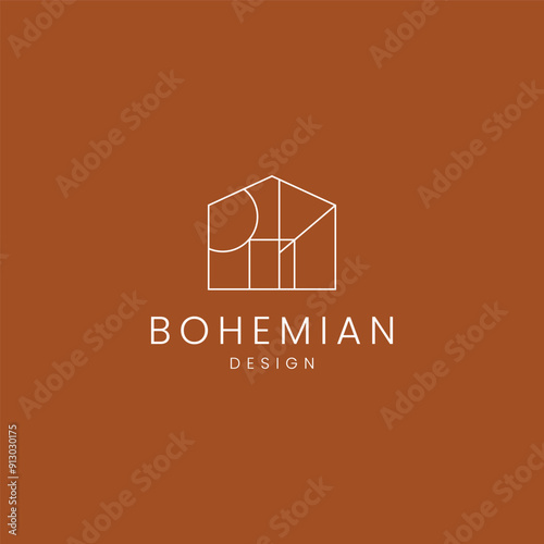 minimalist abstract house building in bohemian linear logo design style