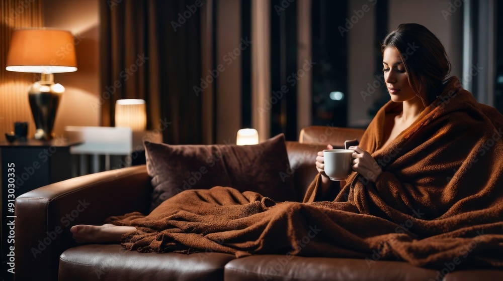 Woman Wrapped in Blanket Sitting on Couch Woman Wrapped in Blanket Sitting on Couch