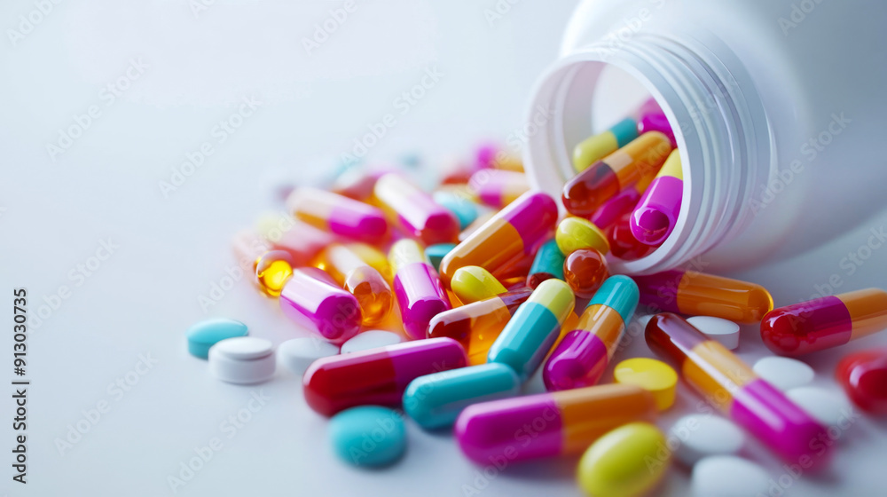White bottle spills colorful capsules on a white surface as it lays on its side White bottle spills colorful capsules on a white surface as it lays on its side