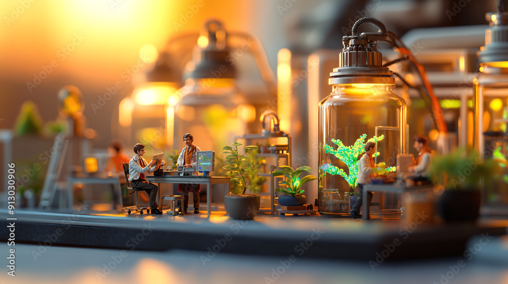Miniature Biolab with Scientists and Plant Experiments. Miniature Biolab with Scientists and Plant Experiments.