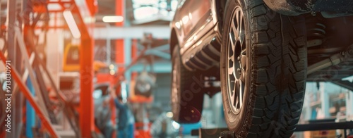 Closeup of a Black Car Wheel in a Garage photo