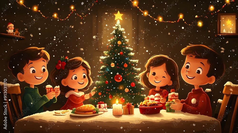 Cartoon family enjoying a Christmas Eve gathering with a decorated tree presents and festive foods Cartoon family enjoying a Christmas Eve gathering with a decorated tree presents and festive foods