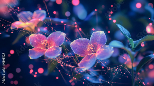 Illustrating artificial intelligence and machine learning concept with glowing flowers connected in a futuristic botanical garden