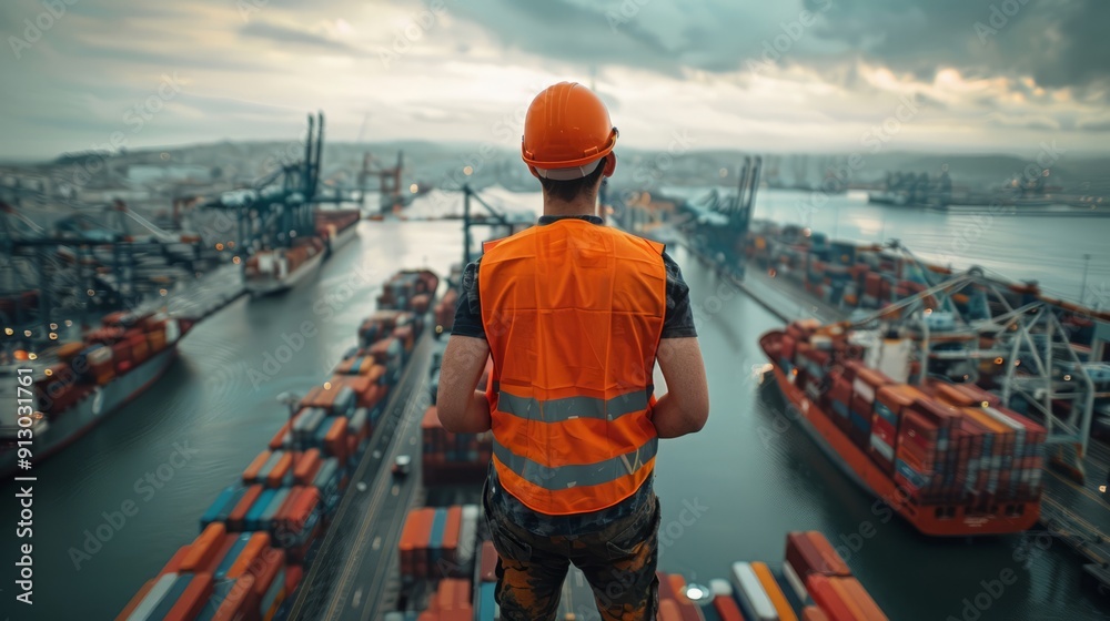 Worker overseeing a busy shipping port Worker overseeing a busy shipping port