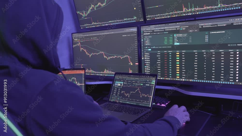 Hooded male hacker scams and steals cryptocurrency