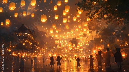 Cartoon characters participating in a Bon Festival with dancing lanterns and offerings to ancestors