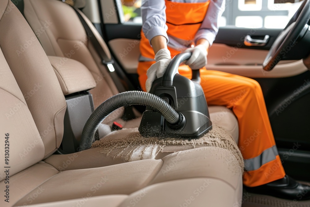 A professional cleaner using a vacuum cleaner to meticulously clean the seats and carpets of a car interior. A professional cleaner using a vacuum cleaner to meticulously clean the seats and carpets of a car interior.