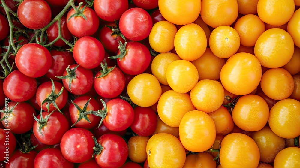 Vibrant background of organic red and yellow tomatoes, showcasing their fresh and natural appeal. Vibrant background of organic red and yellow tomatoes, showcasing their fresh and natural appeal.