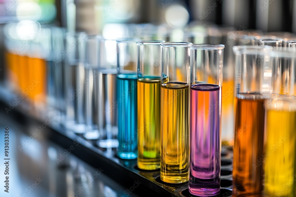 Detailed close-up image of test tubes containing various colored liquids in a laboratory, showcasing scientific research and experimentation Detailed close-up image of test tubes containing various colored liquids in a laboratory, showcasing scientific research and experimentation