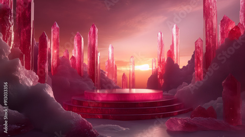 A red crystal podium surrounded by crystal mountains, with a pink sunset sky and dreamy lights.
