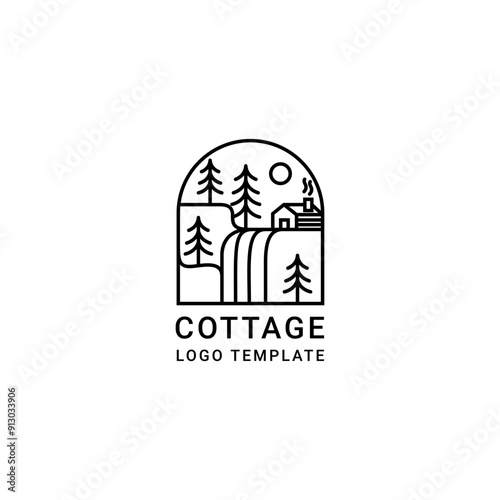 Traditional Forest Wooden House, Village Cabin Cottage with Spruce Spruce Pine Trees with waterfall for Adventure Outdoor Vacation Camping logo design