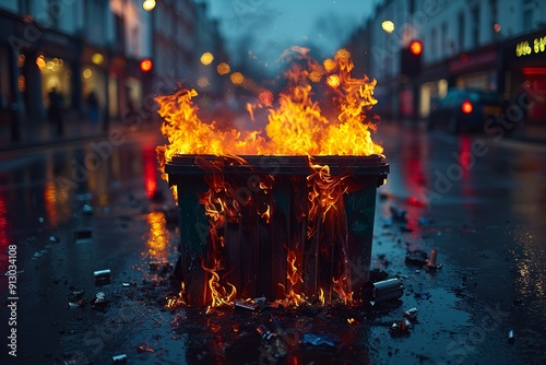 Urban street engulfed in flames from a dumpster fire disaster.