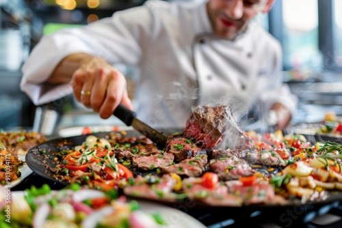 A chef skillfully grills steaks on a large pan, surrounded by fresh herbs and spices, in a bustling kitchen environment where culinary expertise and attention to detail are paramount.