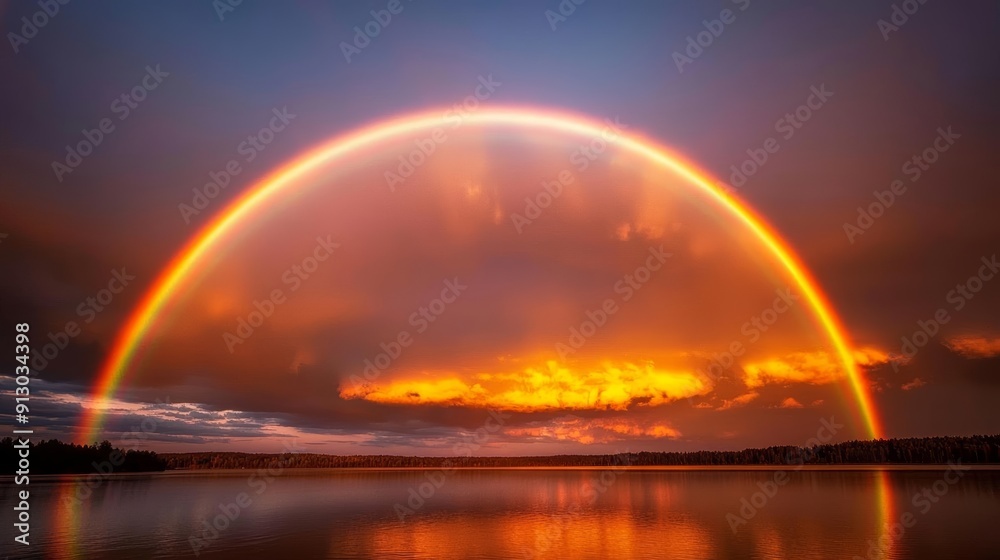 Vibrant rainbow spanning a dramatic sky filled with radiant clouds and golden sunlight, creating a breathtaking natural spectacle above a serene lake Vibrant rainbow spanning a dramatic sky filled with radiant clouds and golden sunlight, creating a breathtaking natural spectacle above a serene lake