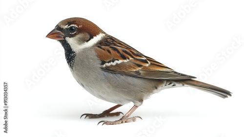 Close-up of a sparrow bird standing on white background. The brown and gray feathers are detailed and the bird looks calm.