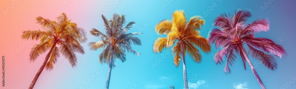 Three palm trees that are standing in the sky, Travel concept, Banner, Copy space Three palm trees that are standing in the sky, Travel concept, Banner, Copy space