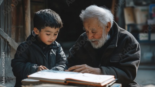 Old man teaching wisdom to young boy, study, wisdom, generational knowledge