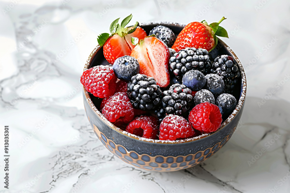 Mixed Berries Bowl on Marble Countertop with Strawberries, Blueberries, Raspberries, and Blackberries Mixed Berries Bowl on Marble Countertop with Strawberries, Blueberries, Raspberries, and Blackberries