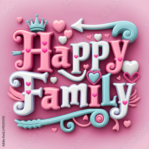 A pink and blue happy family sign on a pink background