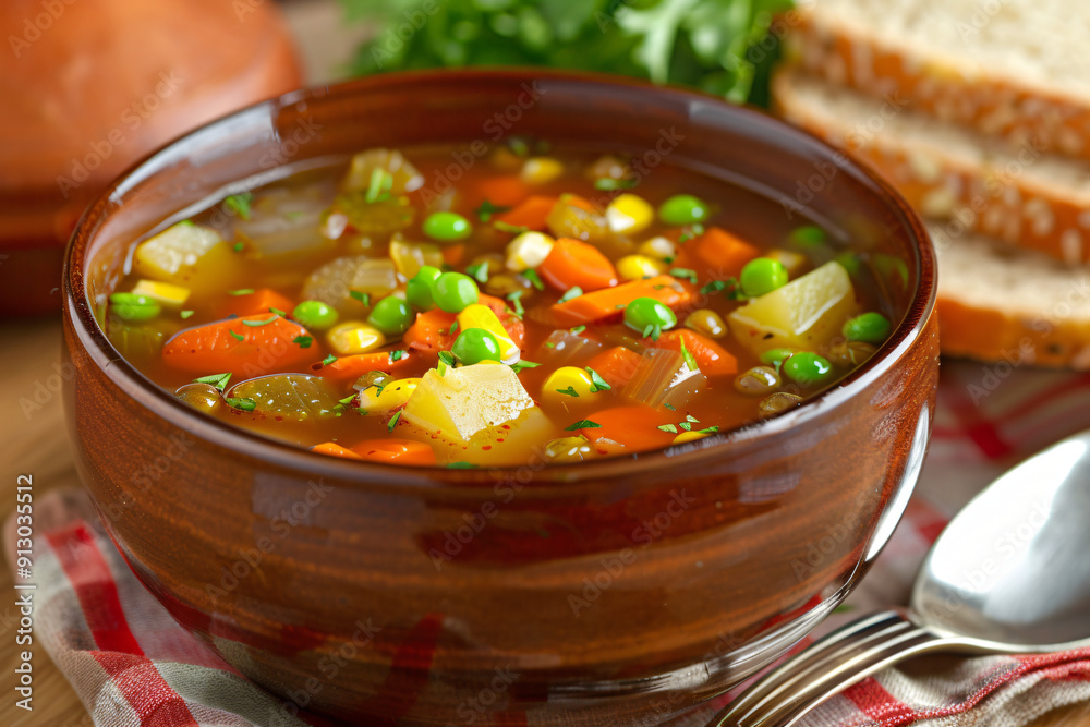 Vegetable Soup with Carrots, Potatoes, Peas, and Corn with Whole Grain Bread