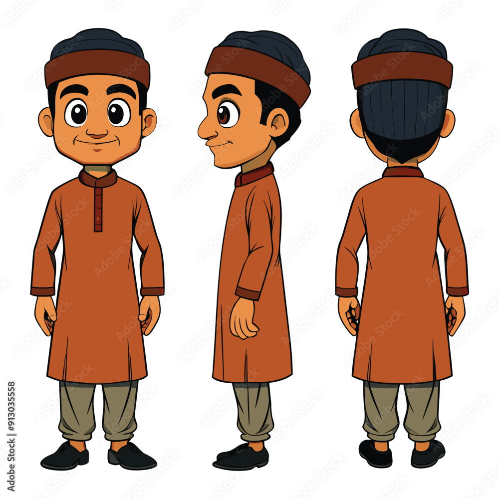 Naklejka premium Asian Indian Pakistan Arab 2D agriculture Man Character Front View, Side, Back View Wear Shalwar Kameez